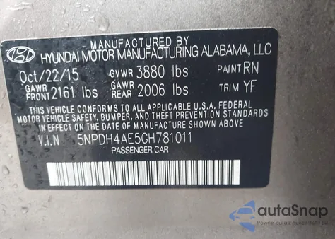 2016 Hyundai Elantra Se from USA, damaged, VIN 5NPDH4AE5GH781011